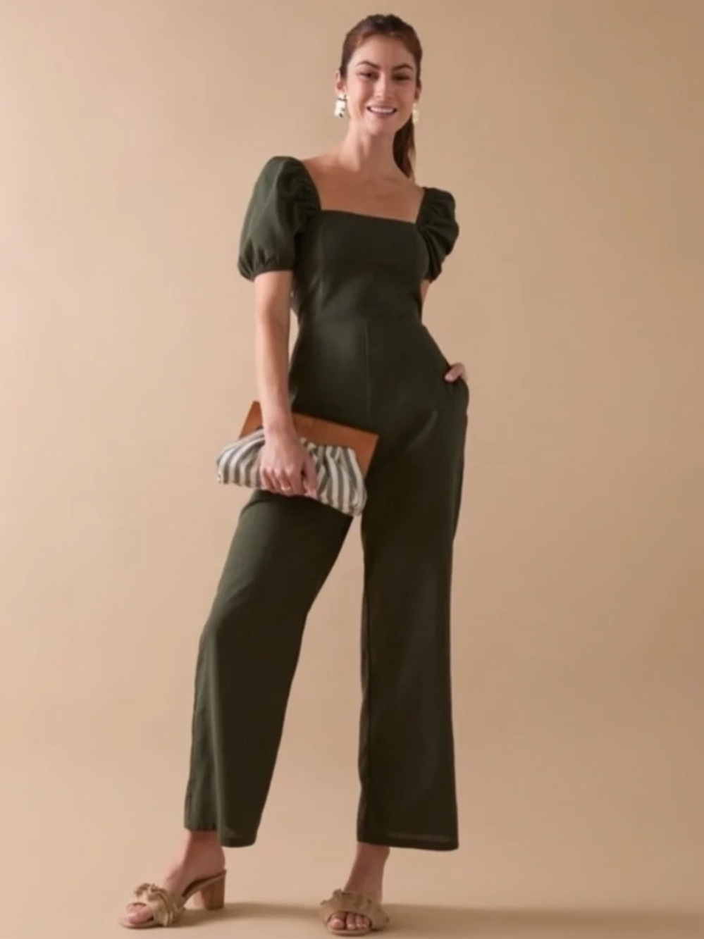 Francesca's x Audrey Park Olive Square-Neck Puff-Slee Jumpsuit